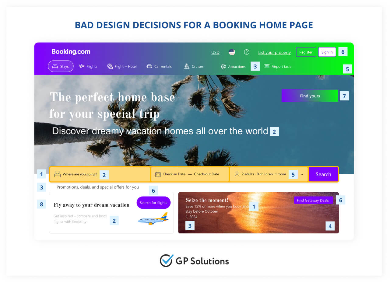 Bad design decisions for a booking home page