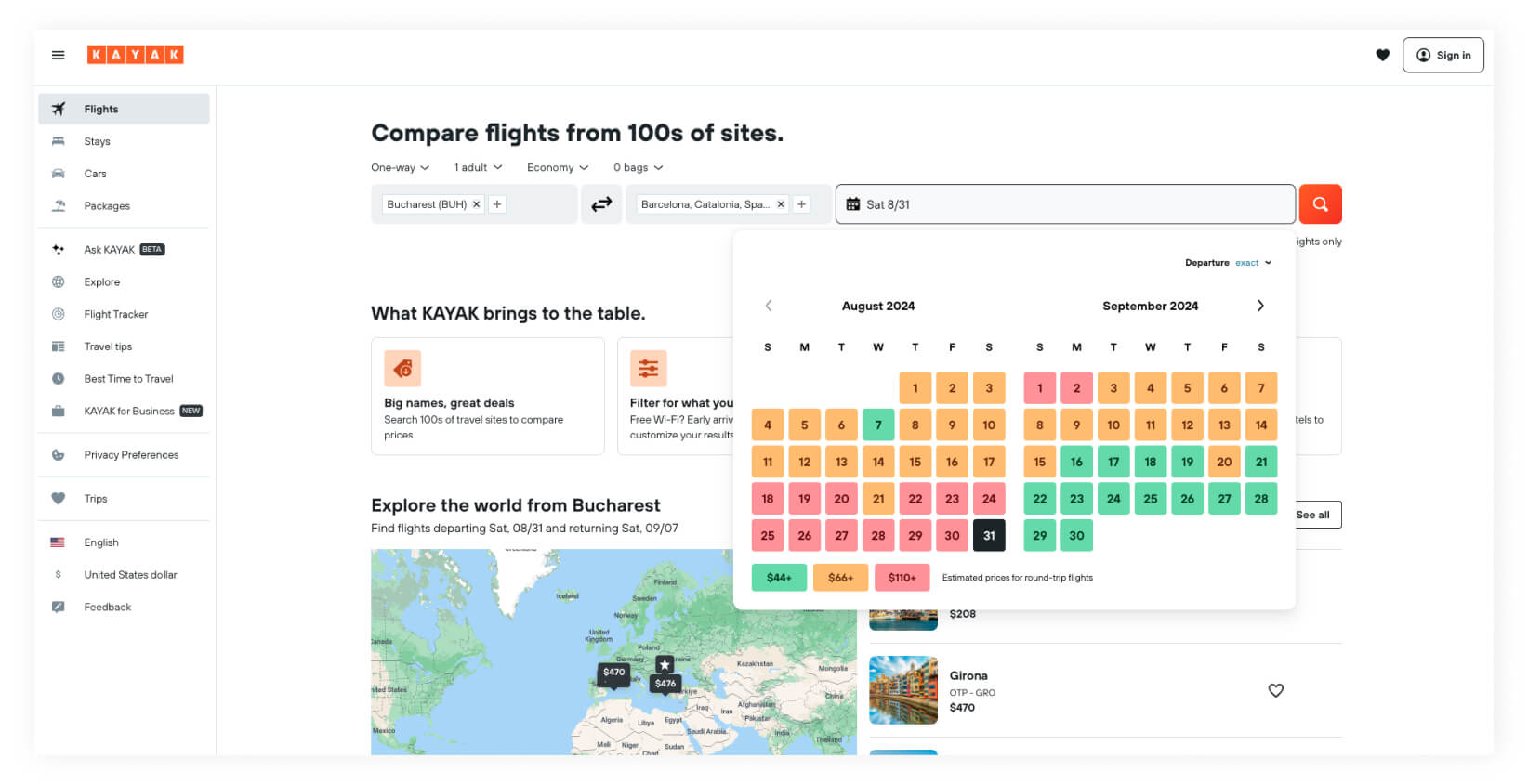 Kayak booking page