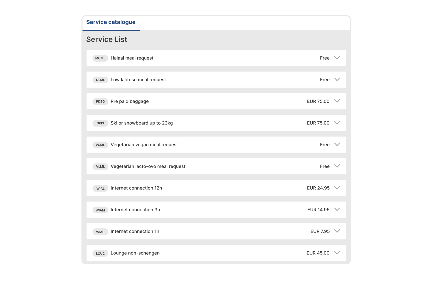 Screenshot showing Service Catalog by Finnair