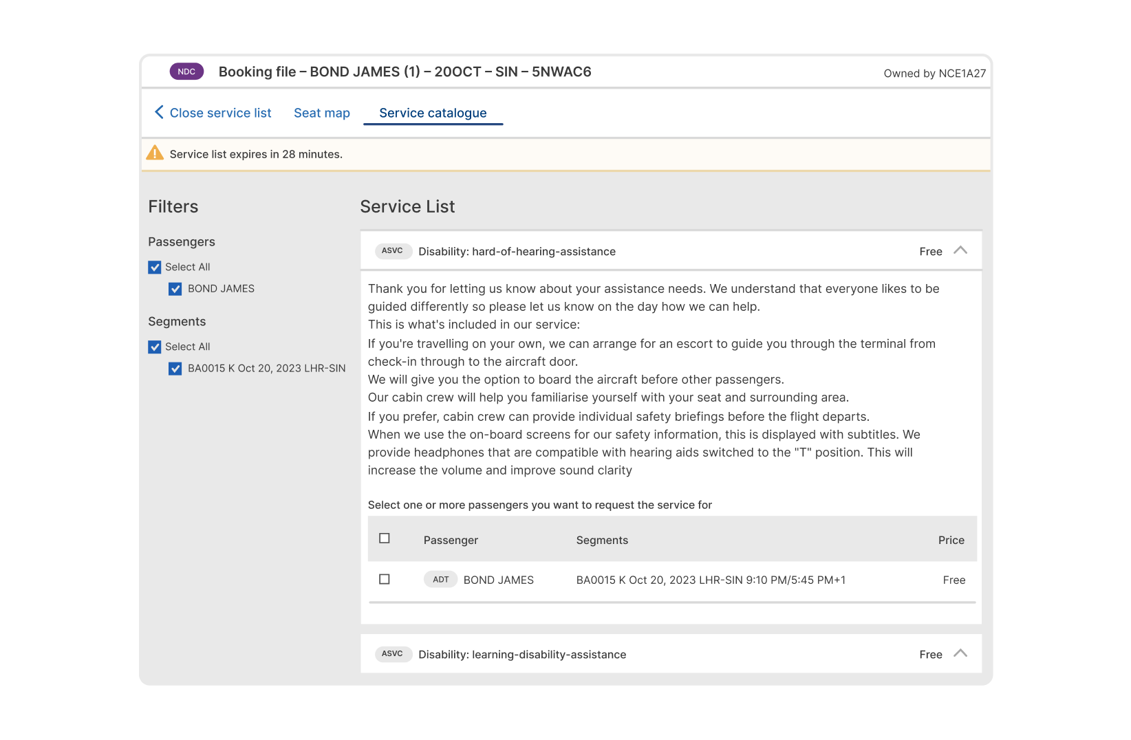 Screenshot showing Detailed service description enabled by NDC